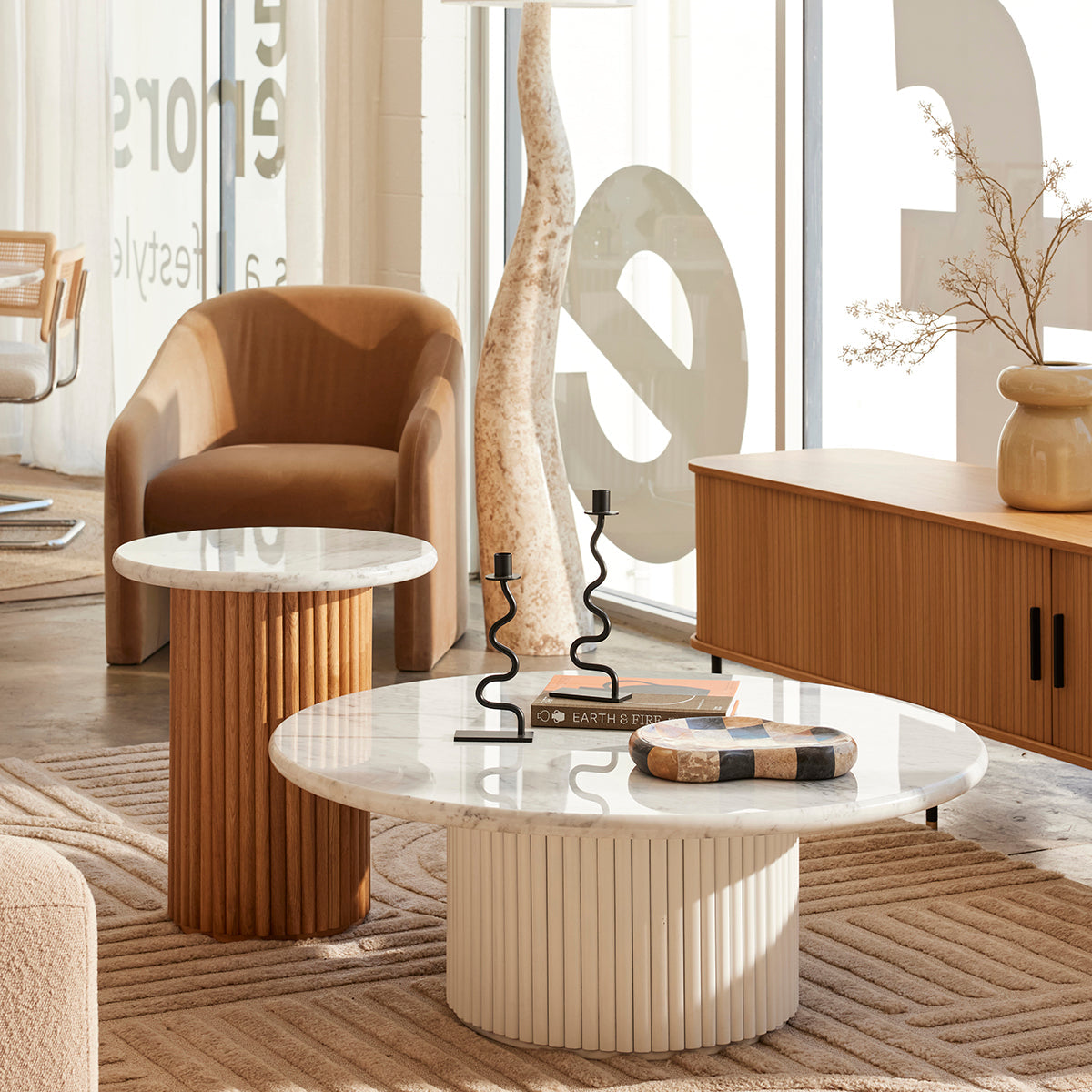 Cosmos Coffee Table (White Oak, Carrara Marble, 100cm)